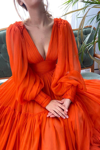 Chiffon Floor Length Prom Dresses Long Sleeve Evening Party Dresses