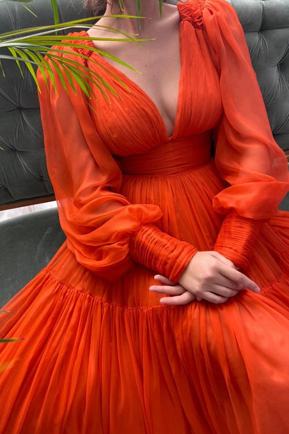 Chiffon Floor Length Prom Dresses Long Sleeve Evening Party Dresses