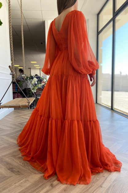Chiffon Floor Length Prom Dresses Long Sleeve Evening Party Dresses