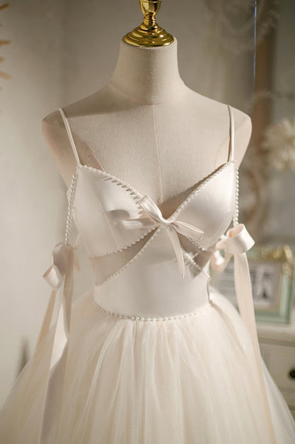 Spaghetti Straps V-Neck Tulle Short Homecoming Dresses with Bow