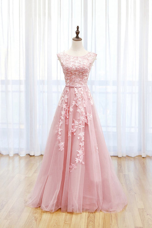 Tulle Lace Long Prom Dresses Lovely A-line Open Back Evening Dresses