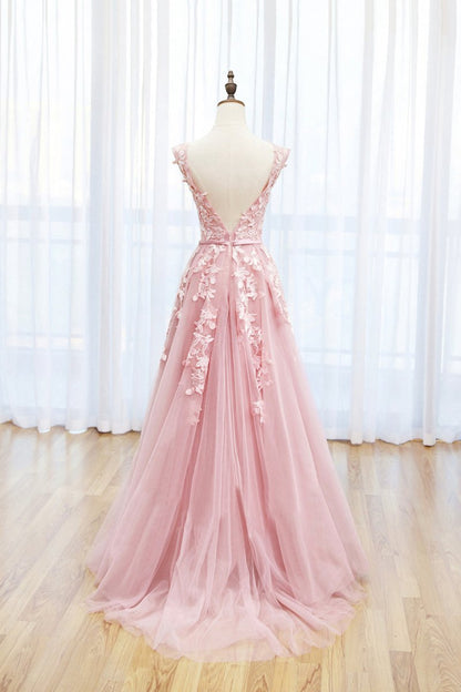 Tulle Lace Long Prom Dresses Lovely A-line Open Back Evening Dresses