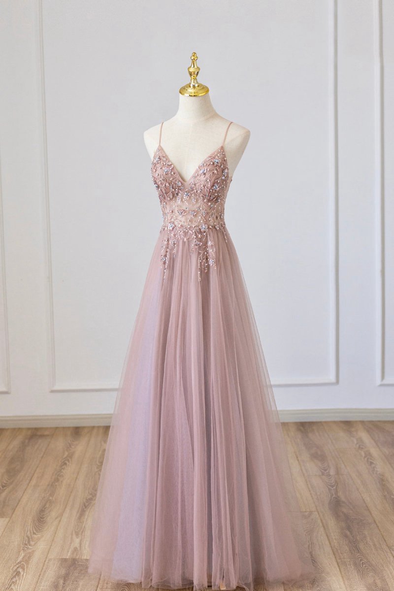 Tulle Long A-line Prom Dresses Spaghetti Formal Dresses with Beaded