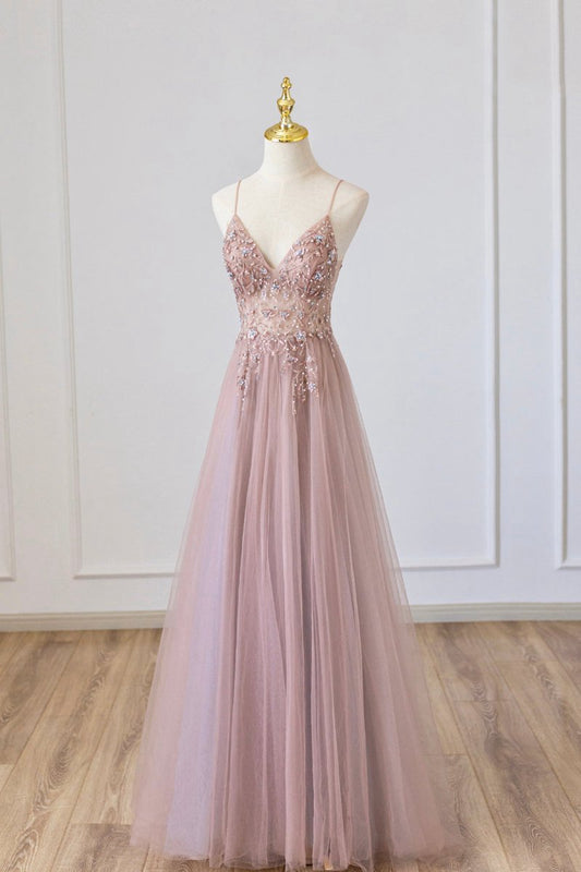 Tulle Long A-line Prom Dresses Spaghetti Formal Dresses with Beaded