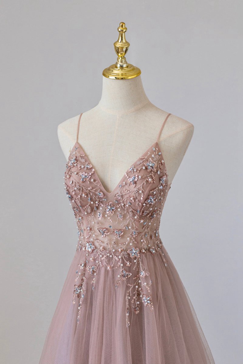 Tulle Long A-line Prom Dresses Spaghetti Formal Dresses with Beaded