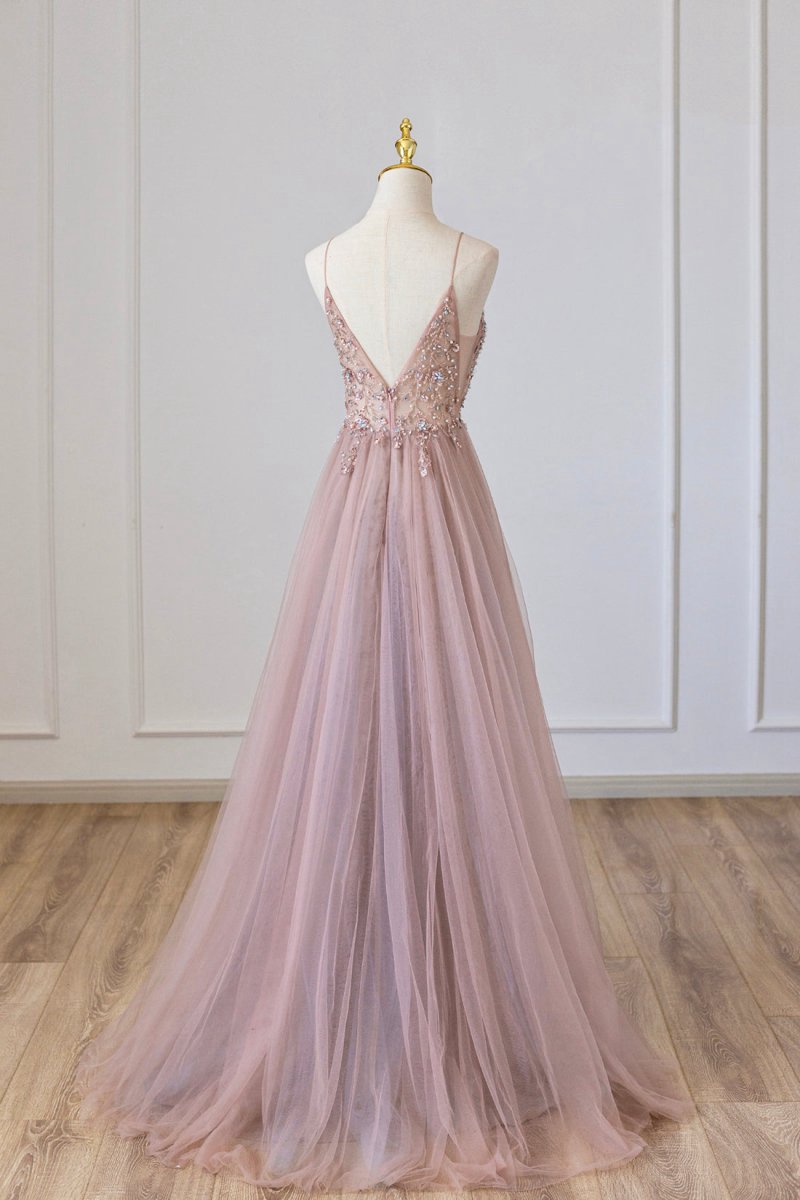 Tulle Long A-line Prom Dresses Spaghetti Formal Dresses with Beaded