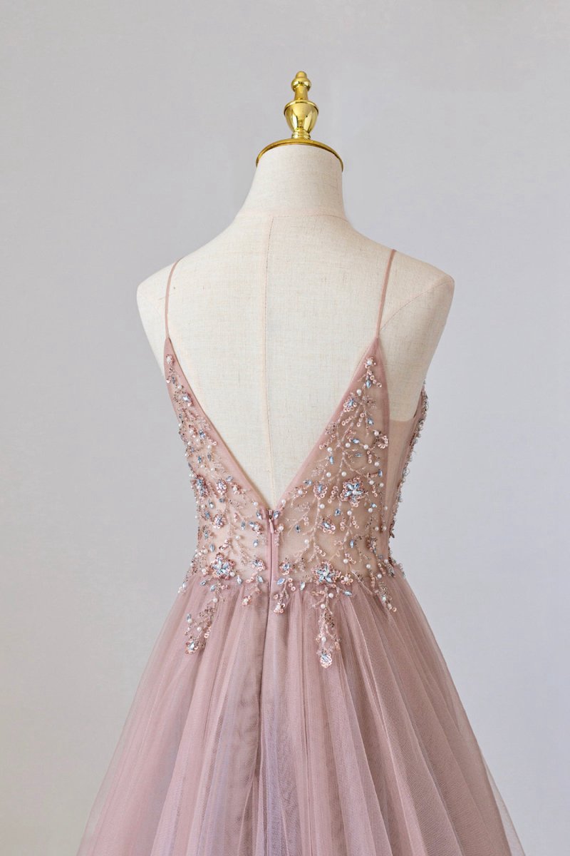 Tulle Long A-line Prom Dresses Spaghetti Formal Dresses with Beaded