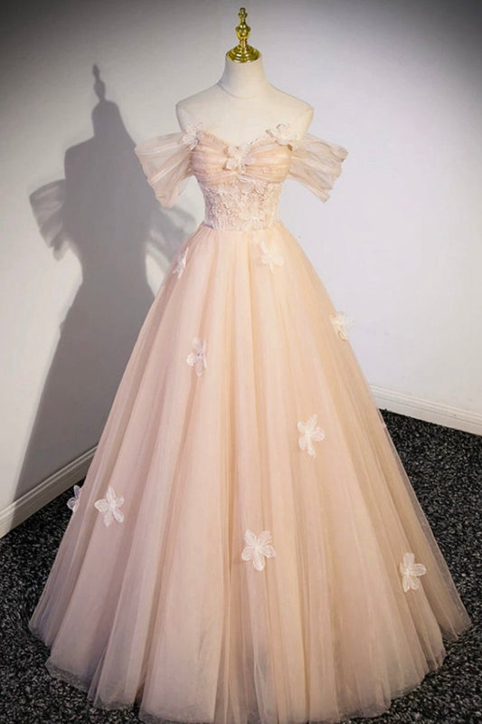 Cute Flowers Tulle Long Formal Dresses Off Shoulder Evening Dresses