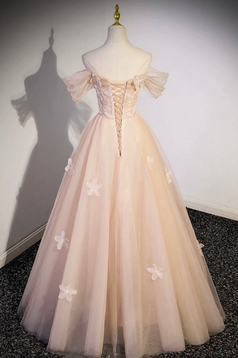 Cute Flowers Tulle Long Formal Dresses Off Shoulder Evening Dresses