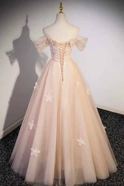 Cute Flowers Tulle Long Formal Dresses Off Shoulder Evening Dresses