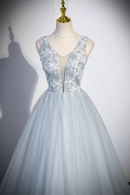 Cute V-Neck Tulle Long Prom Dresses Evening Dresses Party Dresses
