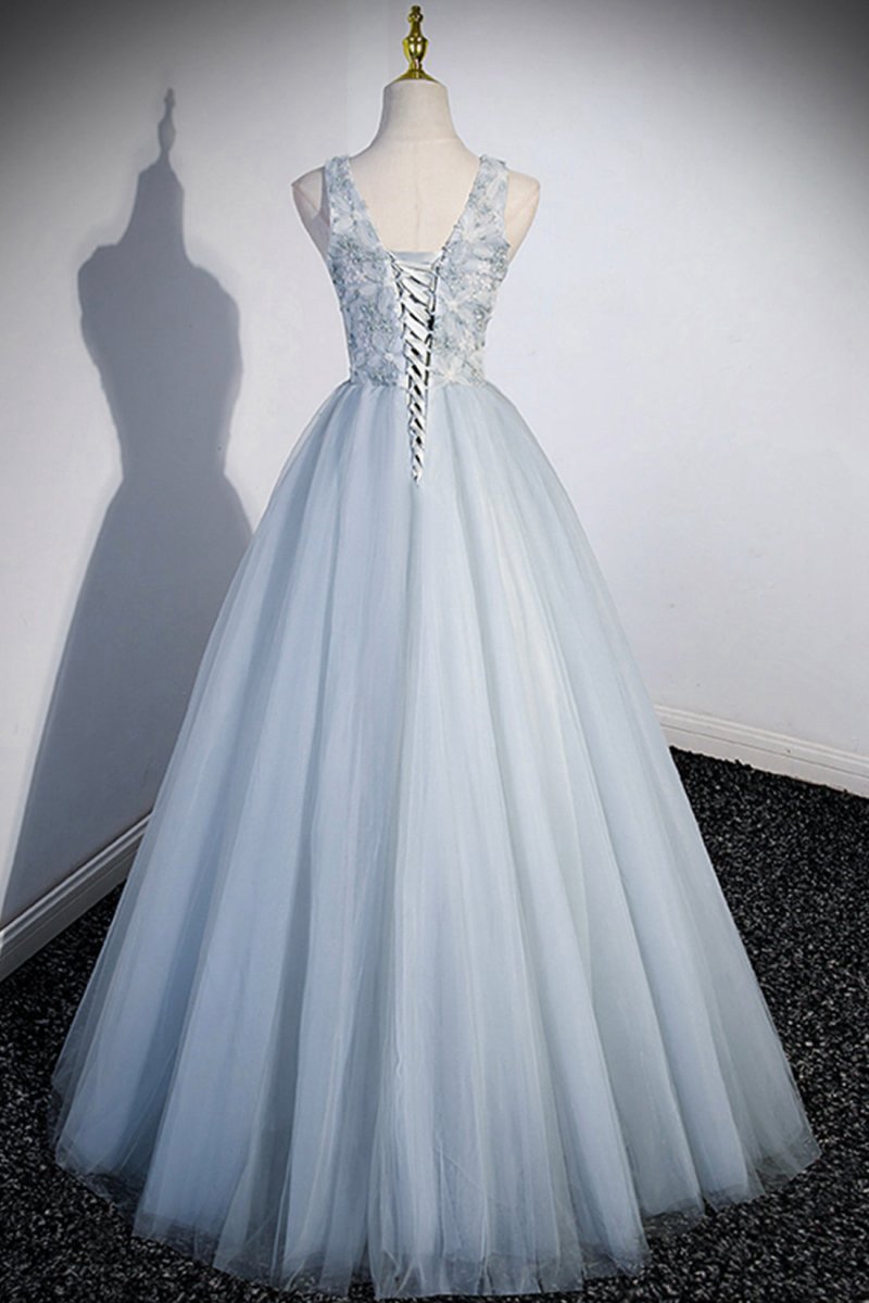 Cute V-Neck Tulle Long Prom Dresses Evening Dresses Party Dresses