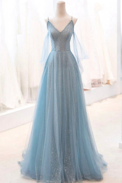 Dusty Sparkly Tulle Long Prom Dresses A-line Spaghetti Strap Evening Dresses