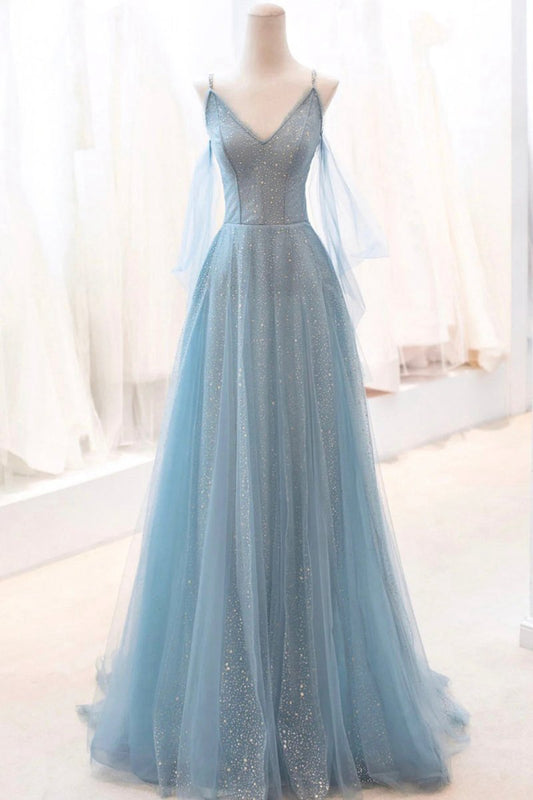 Dusty Sparkly Tulle Long Prom Dresses A-line Spaghetti Strap Evening Dresses