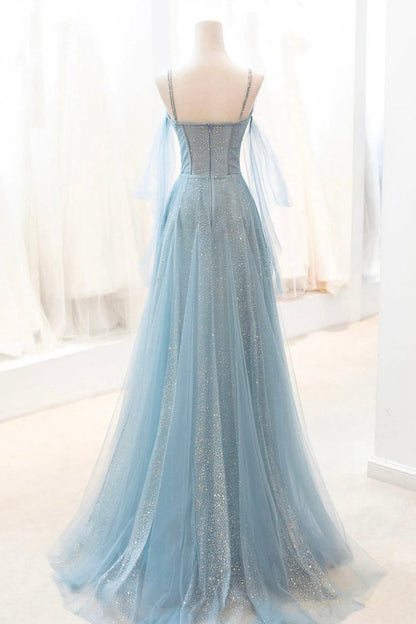 Dusty Sparkly Tulle Long Prom Dresses A-line Spaghetti Strap Evening Dresses