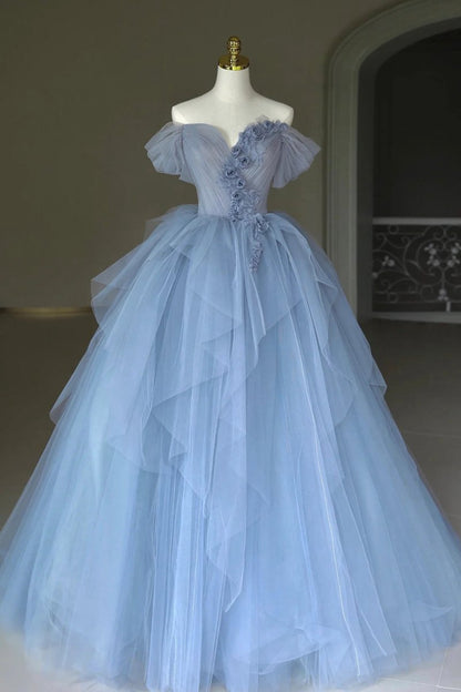 Tulle Floor Length Prom Dresses Off the Shoulder Evening Dresses with 3D Flowers