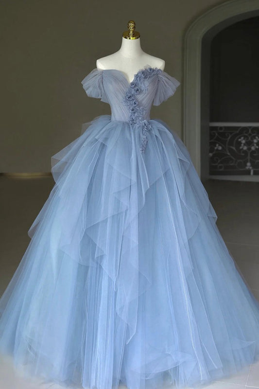 Tulle Floor Length Prom Dresses Off the Shoulder Evening Dresses with 3D Flowers