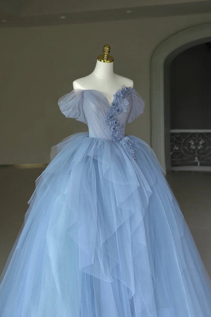 Tulle Floor Length Prom Dresses Off the Shoulder Evening Dresses with 3D Flowers