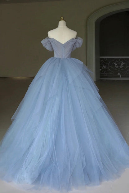 Tulle Floor Length Prom Dresses Off the Shoulder Evening Dresses with 3D Flowers