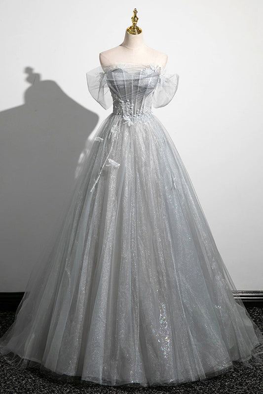 A-line Off the Shoulder Tulle Prom Dresses Lovely Corset Floor Length Party Dresses
