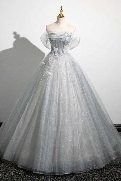 A-line Off the Shoulder Tulle Prom Dresses Lovely Corset Floor Length Party Dresses