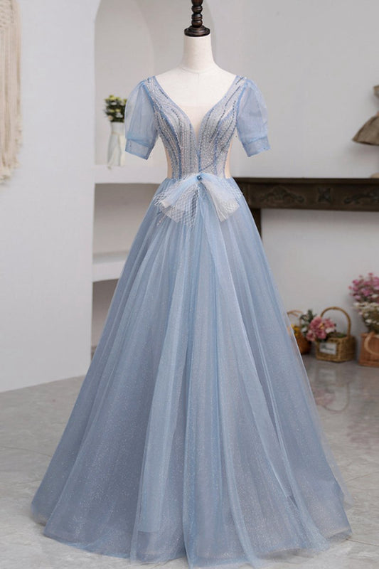 Short Sleeve Tulle Floor Length Prom Dresses with Beaded