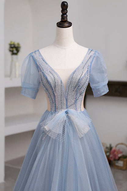 Short Sleeve Tulle Floor Length Prom Dresses with Beaded