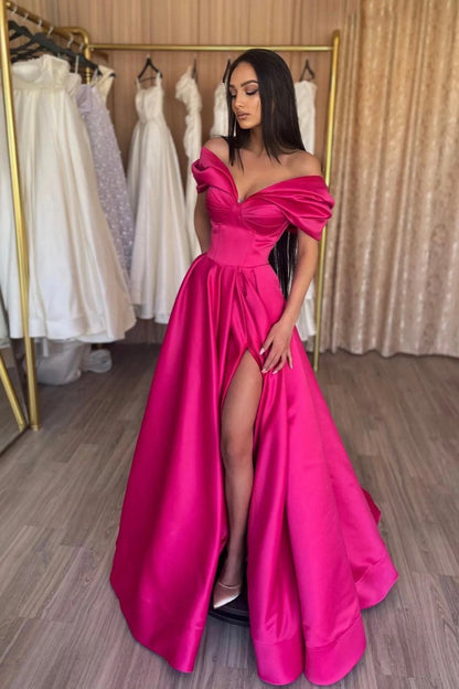 Stylish A-line Off the Shoulder Satin Long Prom Dresses Satin Pleats Evening Dresses with Slit