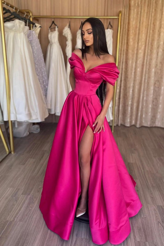 Stylish A-line Off the Shoulder Satin Long Prom Dresses Satin Pleats Evening Dresses with Slit
