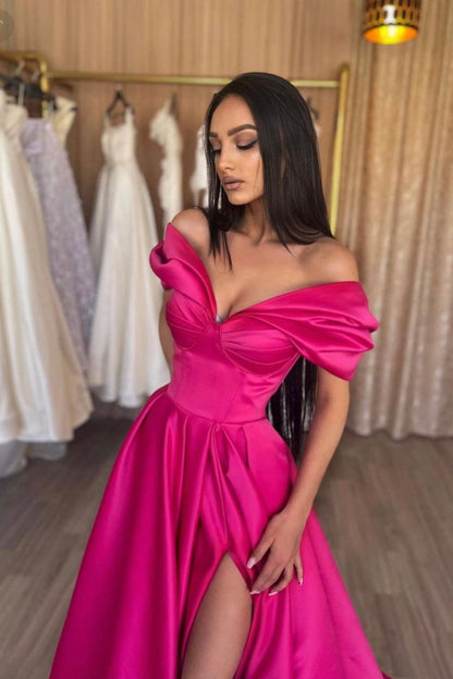 Stylish A-line Off the Shoulder Satin Long Prom Dresses Satin Pleats Evening Dresses with Slit