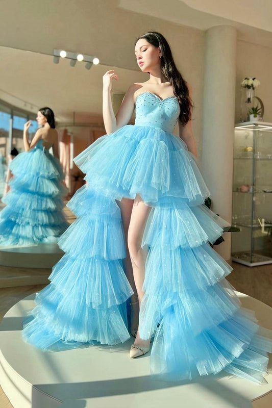 Sweetheart Neck Tulle Long Prom Dresses Beautiful A-line High Low Party Dresses