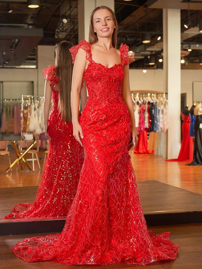 Ruffle Straps 3D Flower Mermaid Long Prom Dresses