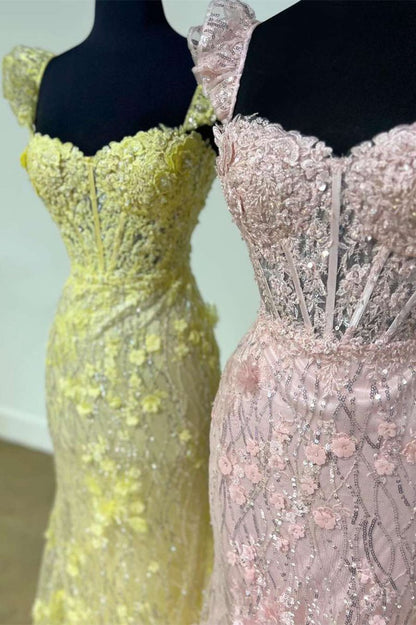 Ruffle Straps 3D Flower Mermaid Long Prom Dresses