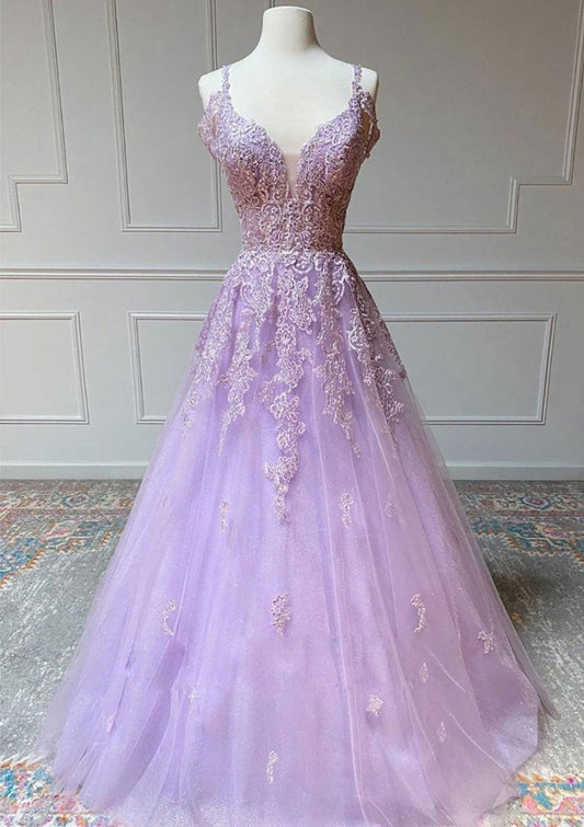 Princess Spaghetti Straps Floor-Length Tulle Prom Dresses with Beading Appliqued