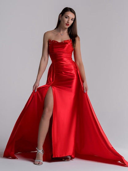 Mermaid Evening Gown Dresses Prom Court Train Sleeveless Strapless Satin with Slit Pure Color