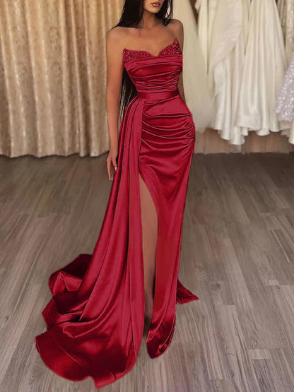 Mermaid Evening Gown Dresses Prom Court Train Sleeveless Strapless Satin with Slit Pure Color
