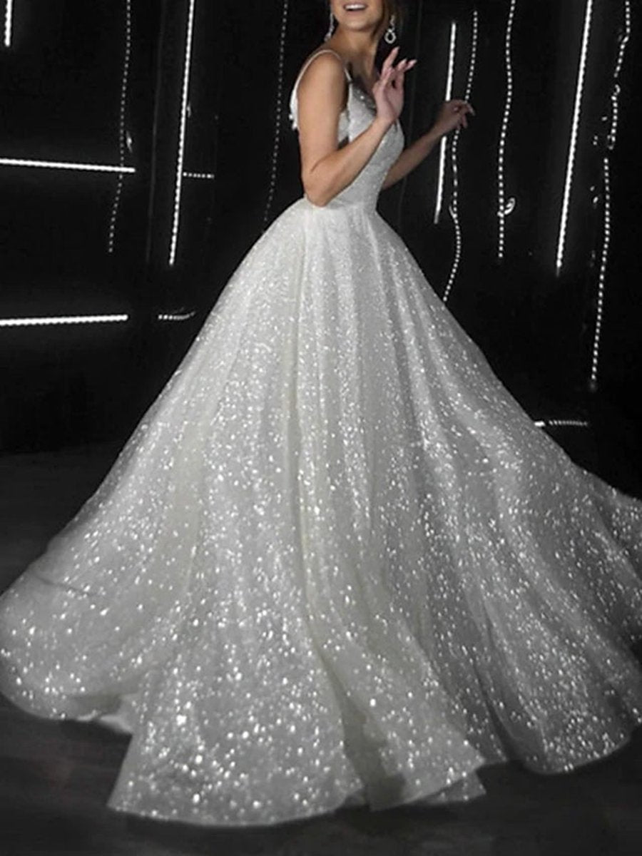 Ball Gown Prom Dresses Glittering Dresses Wedding Party Court Train Sleeveless Spaghetti Strap Tulle with Sequin