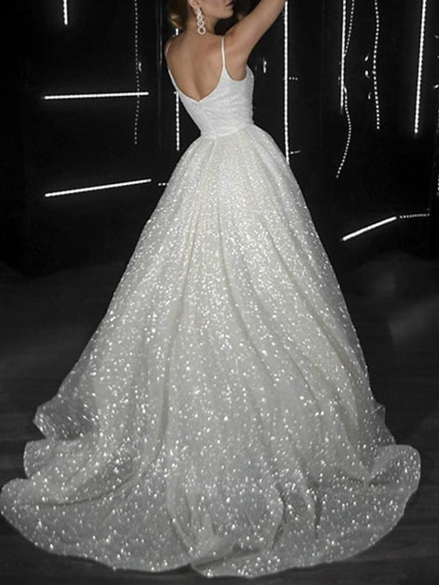 Ball Gown Prom Dresses Glittering Dresses Wedding Party Court Train Sleeveless Spaghetti Strap Tulle with Sequin