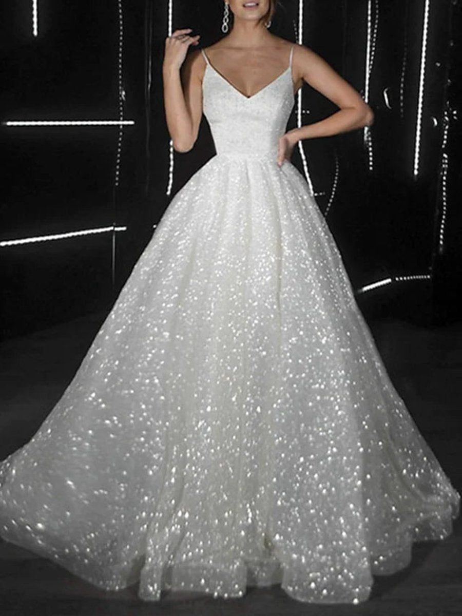 Ball Gown Prom Dresses Glittering Dresses Wedding Party Court Train Sleeveless Spaghetti Strap Tulle with Sequin