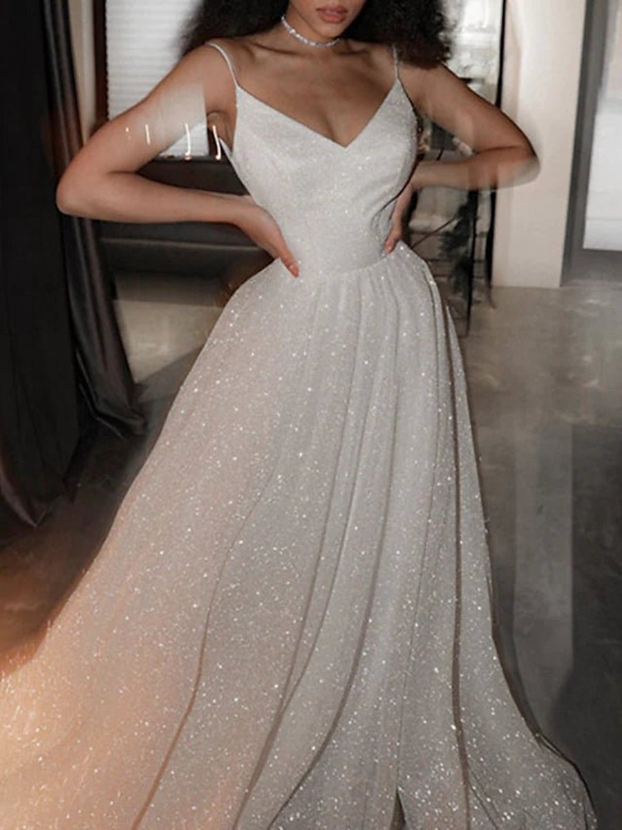 Ball Gown Prom Dresses Glittering Dresses Wedding Party Court Train Sleeveless Spaghetti Strap Tulle with Sequin