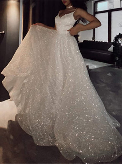 Ball Gown Prom Dresses Glittering Dresses Wedding Party Court Train Sleeveless Spaghetti Strap Tulle with Sequin