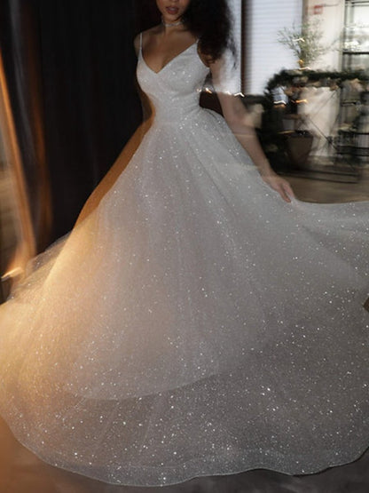 Ball Gown Prom Dresses Glittering Dresses Wedding Party Court Train Sleeveless Spaghetti Strap Tulle with Sequin