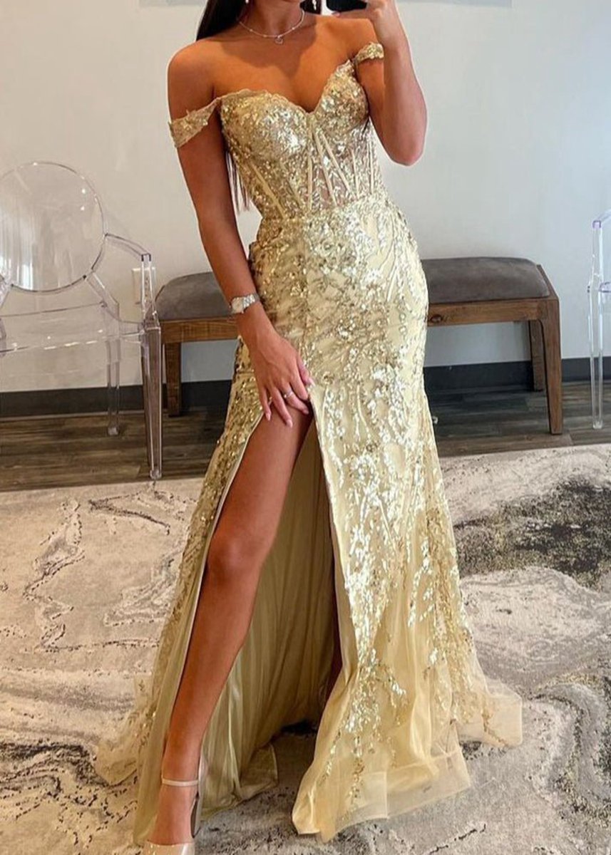 Gold Sequin Lace Off the Shoulder Mermaid Prom Dresses