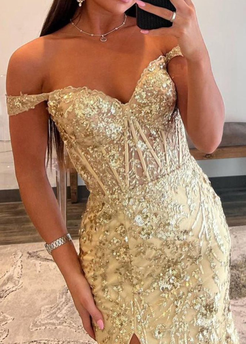 Gold Sequin Lace Off the Shoulder Mermaid Prom Dresses