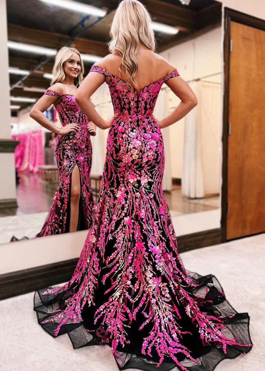Gold Sequin Lace Off the Shoulder Mermaid Prom Dresses