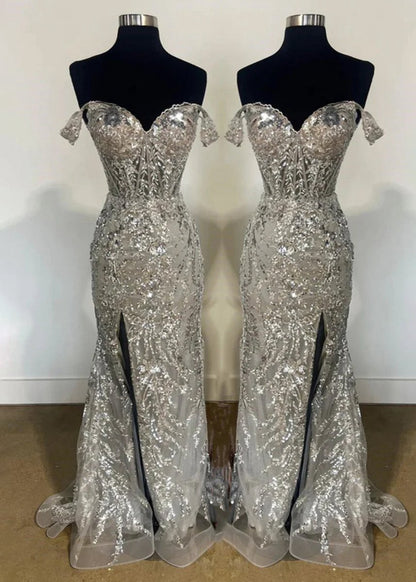 Gold Sequin Lace Off the Shoulder Mermaid Prom Dresses
