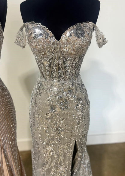 Gold Sequin Lace Off the Shoulder Mermaid Prom Dresses