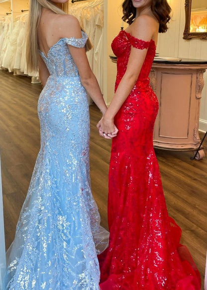 Gold Sequin Lace Off the Shoulder Mermaid Prom Dresses