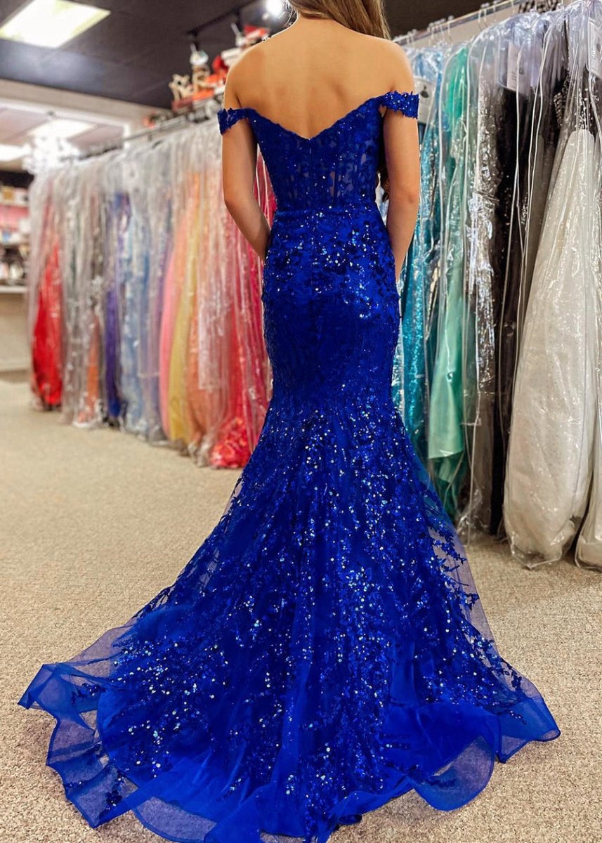 Gold Sequin Lace Off the Shoulder Mermaid Prom Dresses