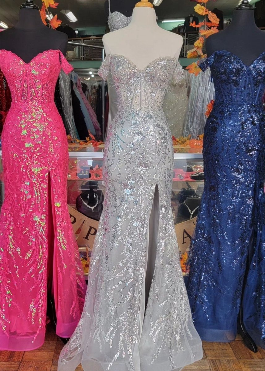 Gold Sequin Lace Off the Shoulder Mermaid Prom Dresses